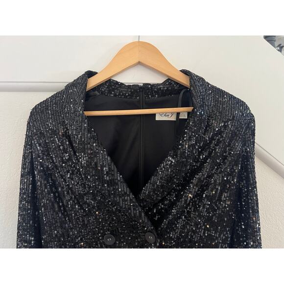 Eliza J Sequin Button Down Coat Dress Womens Size 8 Y2K Glam Party Event Black - Picture 7 of 15